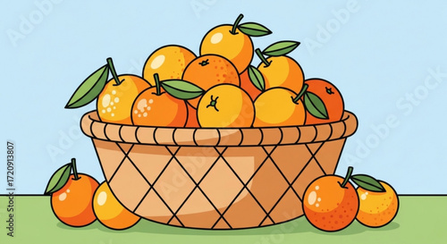 Fresh oranges in basket healthy fruit citrus vitamin c delicious nutrition organic food still life illustration