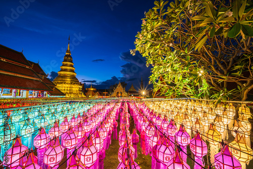 Beautiful Lanna lamp lantern are northern thai style lanterns in Loi Krathong or Yi Peng Festival at Wat Phra That Hariphunchai is a Buddhist worship temple It a  tourist attraction Lamphun Thailand.