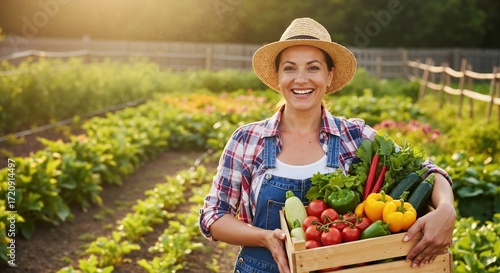 Smiling female farmer holding a crate of freshly harvested vegetables in a sunlit garden. Organic farming and healthy food concept