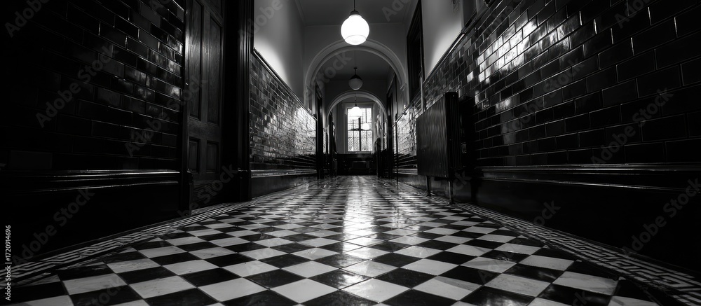 Fototapeta premium Long black and white hallway, checkerboard floor