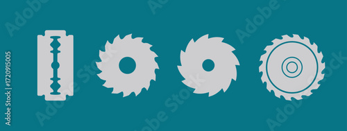 Sharp razor blade and circular saw blade icon set for cutting tools, industrial equipment and hardware concepts