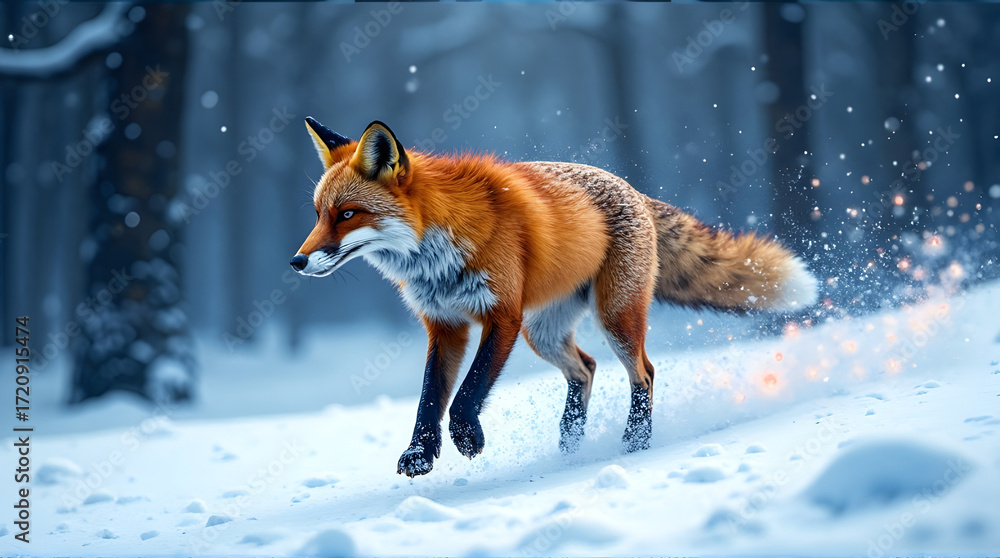 Fototapeta premium Majestic red fox navigates a snow covered forest during a winter storm