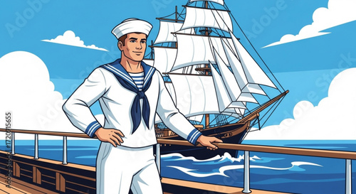 Cartoon sailor on ship deck with sailing vessel in background vector illustration voyage and maritime theme