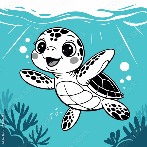 Cute cartoon sea turtle swimming underwater with coral and sun rays ocean