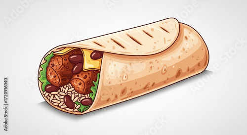 Delicious burrito illustration with meat beans rice cheese and lettuce for mexican food lovers design