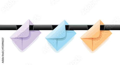 Three pastel-colored envelopes hanging on a black horizontal bar against a white background.