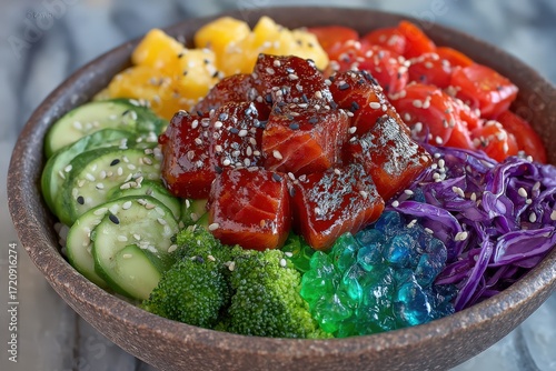 A vibrant and colorful bowl featuring fresh ingredients including diced salmon, cucumber, vibrant broccoli, and assorted vegetables, creating a visually stunning array of culinary delight to