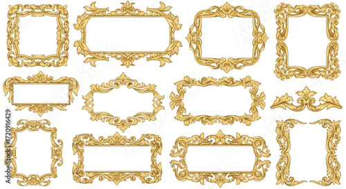 Collection of golden ornate frames and decorative elements on a white background in various shapes