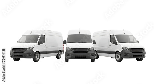 Three Modern White Cargo Delivery Vans for Logistics and Transport on Transparent Background