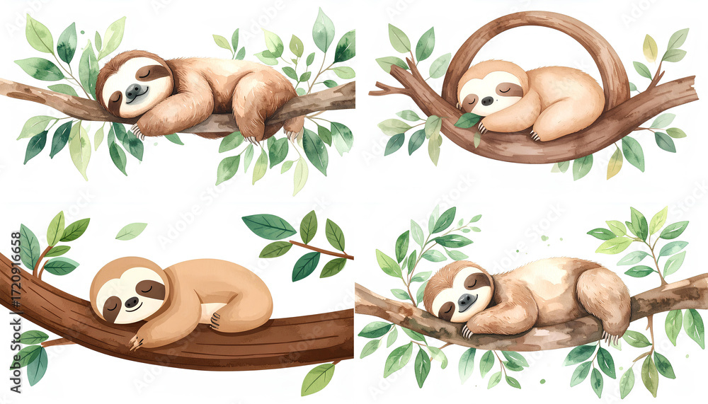Naklejka premium set watercolor illustration of a sloth sleeping on a tree branch.