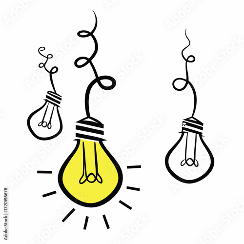 Hanging light bulbs with one illuminated lightbulb illumination