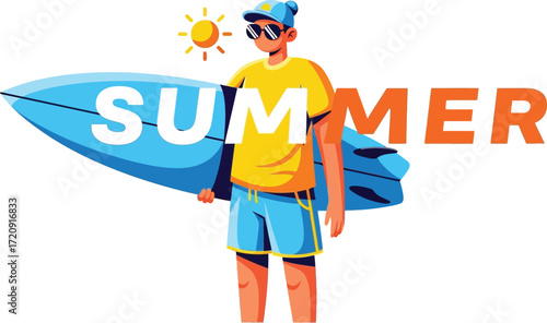 Illustration of a man with surfboard and summer text on a white background with a sun icon