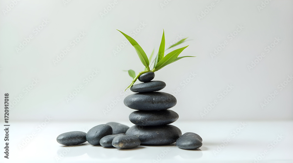 Obraz premium Zen garden balance stacked smooth stones support a delicate green sprout against a soft gray background