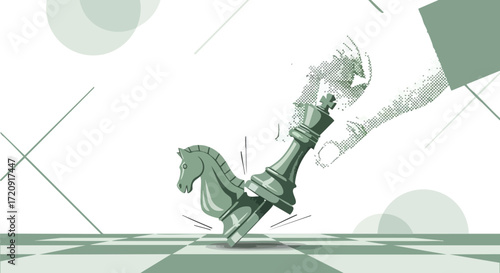 Illustration of a strategic chess move where a hand uses the queen to knock over the knight on a green and white board.