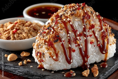 Exquisite detail of gourmet onigiri highlighted by umami sauce and spices served with crushed peanuts and dipping sauce creating a culinary masterpiece ready for tasting