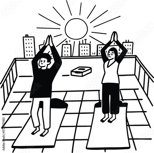 Man and woman silhouette illustration in city with house and buildings