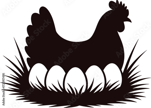 Black Hen Silhouette with Eggs in a Nest.