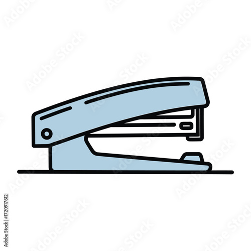 A light blue stapler, a common office tool, , used for fastening paper sheets together with metal staples in a simple design