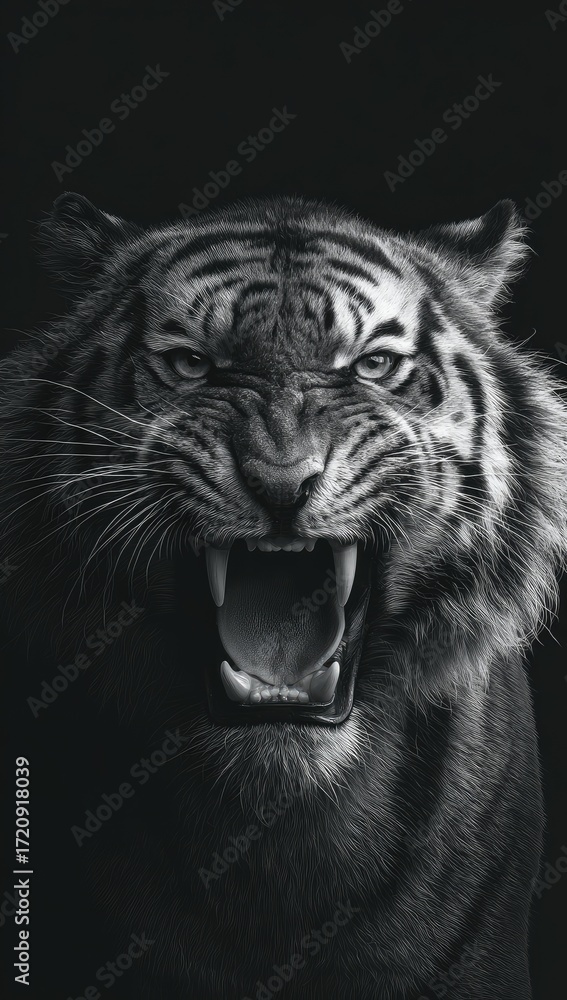 Fototapeta premium A close-up, dramatic portrait of a tiger's fierce expression, showcasing powerful jaw and teeth.