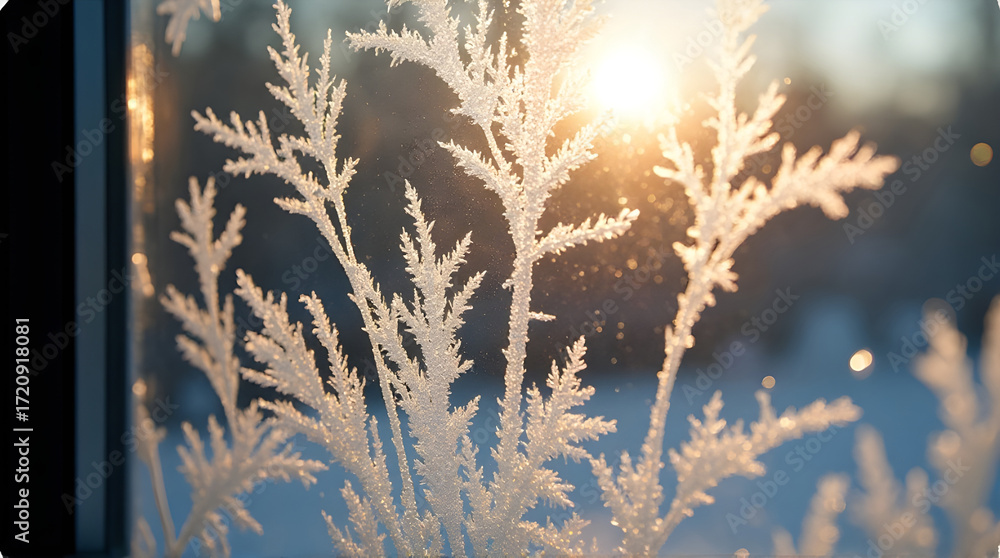 Obraz premium Golden sunlight illuminates delicate frost patterns on dried grasses against a blurred winter background