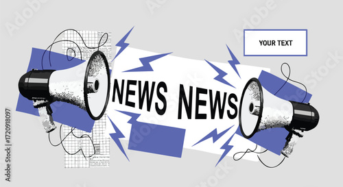 Retro-style illustration of two megaphones shouting the word 'news' with lightning bolts, on a collage background with a text box.