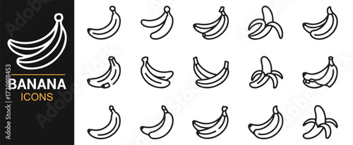 Banana food symbols vector pack peeled bunch icons editable stroke outlines