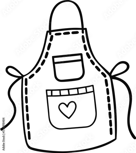 Black and white drawing of a cooking apron with pockets and ties kitchen garment