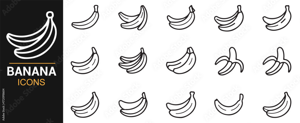 Naklejka premium Fresh tropical banana icons editable stroke vector set organic fruit design