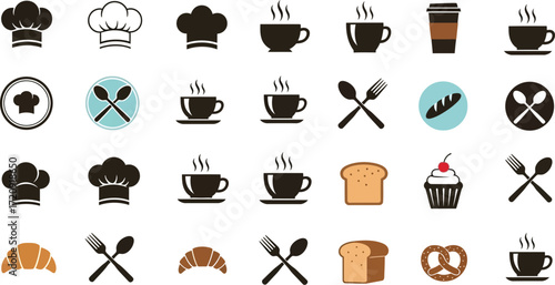 Collection of bakery and cafe related icons including chef hats coffee cups and baked goods items
