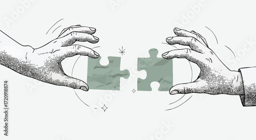 Illustration of two hands reaching for puzzle pieces, symbolizing connection and collaboration.