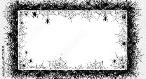 A rectangular frame made of spiderwebs and spiders on a transparent background for halloween designs