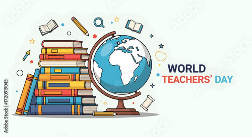 World Teachers' Day illustration with a globe, a stack of books, and school supplies.
