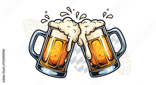 Two frothy beer mugs clinking together in a celebratory toast, depicted in a vibrant cartoon illustration style.