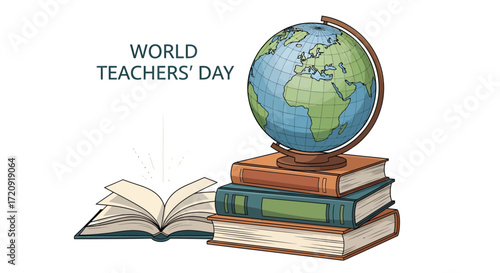World Teachers' Day illustration with a globe on a stack of books and an open book, symbolizing knowledge and education.