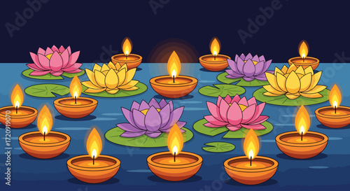 A beautiful illustration of glowing diyas and colorful lotus flowers floating on calm blue water at night, symbolizing a festive celebration.
