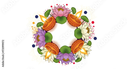 A beautiful circular frame of colorful lotus flowers and glowing diya oil lamps for a festive celebration.