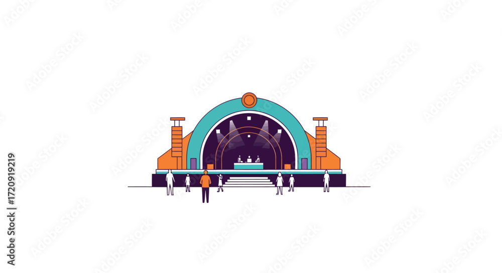 Naklejka premium A flat vector illustration of an outdoor music festival stage with a DJ booth, lights, and speakers.
