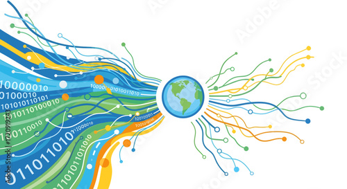 An abstract illustration of global connectivity, with digital binary code flowing into the Earth and network lines flowing out.