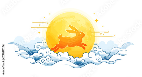 An artistic illustration of a rabbit leaping across a glowing full moon, surrounded by stylized Asian-style clouds.