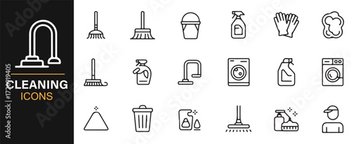Cleaning tool icons collection outline mop bucket gloves flat line design