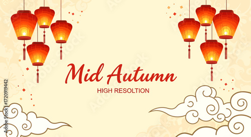 Mid-Autumn Festival banner with hanging red Chinese lanterns, stylized clouds, and celebratory text on a light cream background.