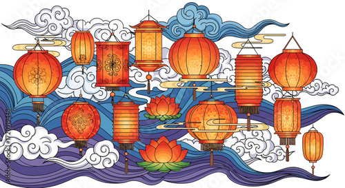 A beautiful illustration of various traditional Asian paper lanterns and lotus flowers floating on stylized blue waves.