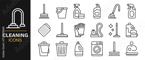 Sanitation icons collection cleaning tools outline style minimal vector set
