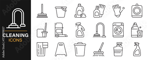 Cleaning supply icon pack editable stroke vector illustrations black and white