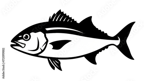 Black silhouette illustration of a predatory fish with fins and tail isolated on white background, bold marine life graphic design

