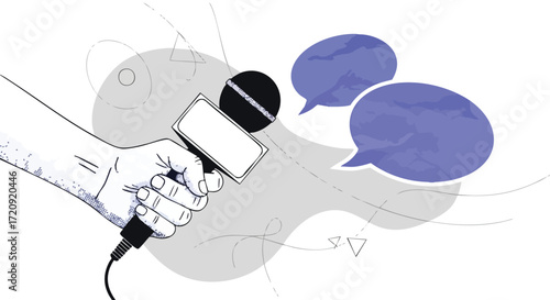 Hand holding microphone with speech bubbles, illustration for journalism or podcasting.