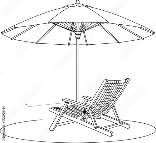 Vector Illustration of a Beach Umbrella and Lounge Chair by the Water, Highlighting Relaxation and Summer Leisure in Vector Style.