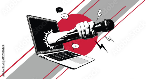 A hand holding a microphone bursts out of a laptop screen, symbolizing digital communication, podcasting, and online broadcasting.