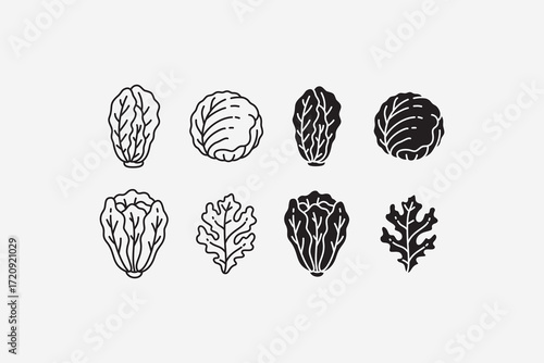 romaine, iceberg, butterhead, leaf lettuces line icon set. leafy lettuces silhouette symbol pack. lettuce vegetables engraving element design bundle. produce, organic, farm, food. vector illustration