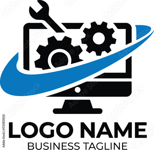 Computer repair logo with wrench gears and swoosh for tech support business vector
